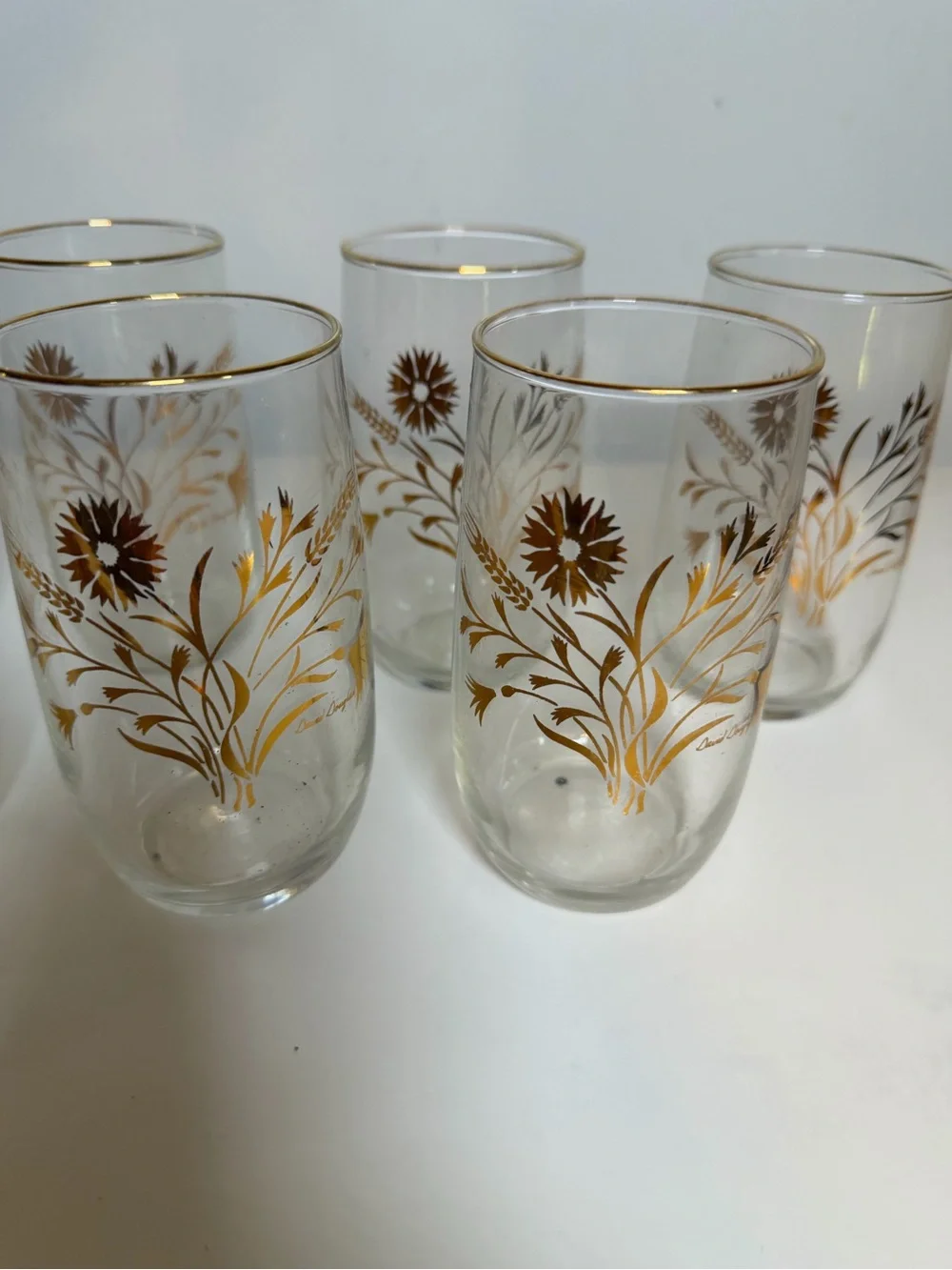 Vintage Drinking Glasses Set of 7 David Douglas MCM Daisy Wheat Pattern Gold